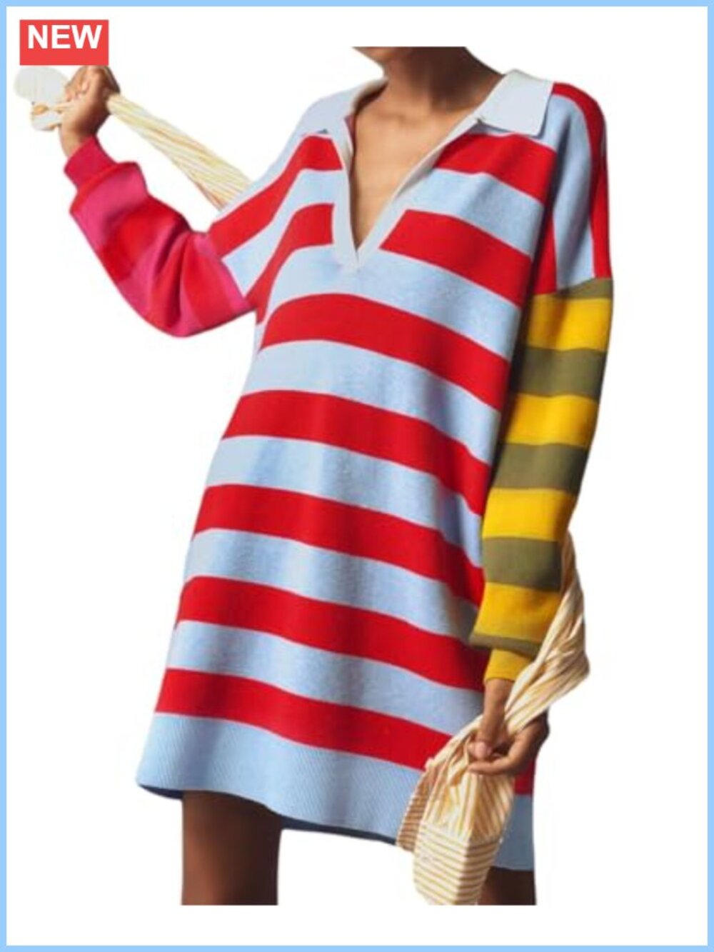 Striped Sweater Dress V Neck Oversized Pullover Ribbed Knit Mini